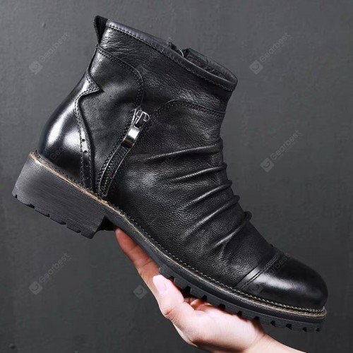 Men's Fashion Pleated Upper Chelsea Boots Retro Zipper Shoes Slip Resistant